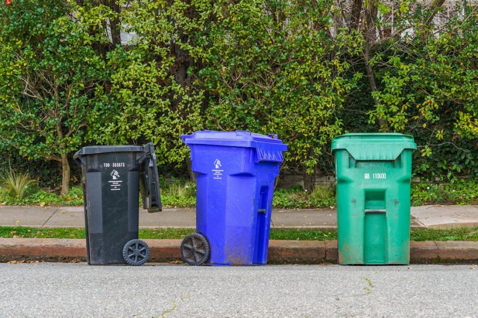 Residential Trash Cans Lined Up At A Suburban Curb - Why Trash Cans Smell Bad In Florida